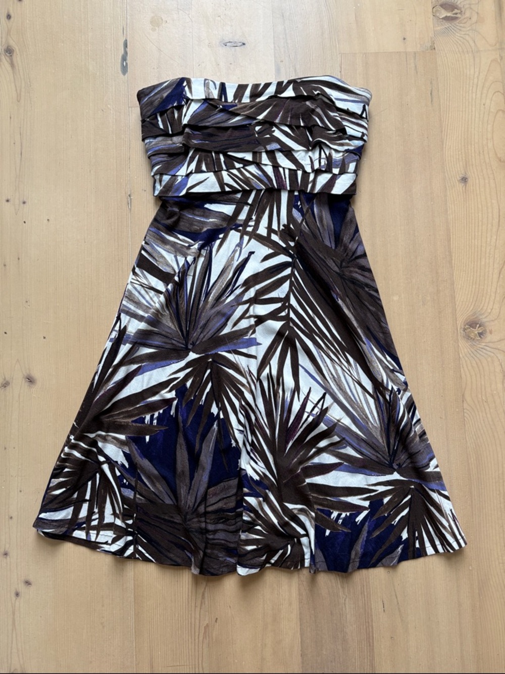 Cache Strapless Tropical Print A-Line Dress Brown Purple - S